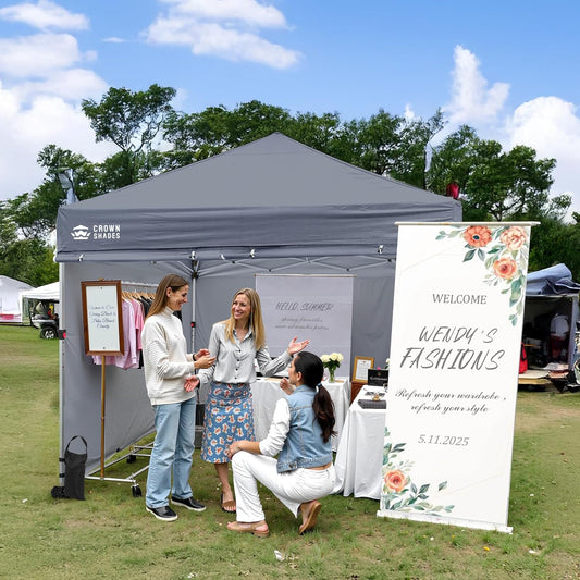 CROWN SHADES Pop Up Canopy Tent, 8x8 Commercial Canopy Tent with 4 Sidewalls, 4" Wheels, 4 Upgraded Weights, Patented Centerlock, 400D Fabric, Sto'N Go Bag, Gray