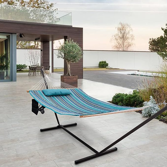 Lazy Daze Hammocks Double Outdoor Hammock with 12 ft Steel Stand, 2 Person Cotton Rope Hammock with Quilted Pad and Detachable Pillow, Spreader Bars, Mag Bag & Cup Holder, Blue Ocean Stripe