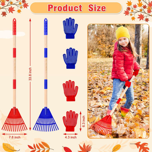 2 Pcs 35'' Kids Rakes for Leaves - Plastic Rake Head with 2 Pairs Kids Gloves, Small Kids Lawn Rakes Detachable Wooden Handle, Autumn Garden Tool Set for Kids Boys and Girls, Red & Blue, 3yr+