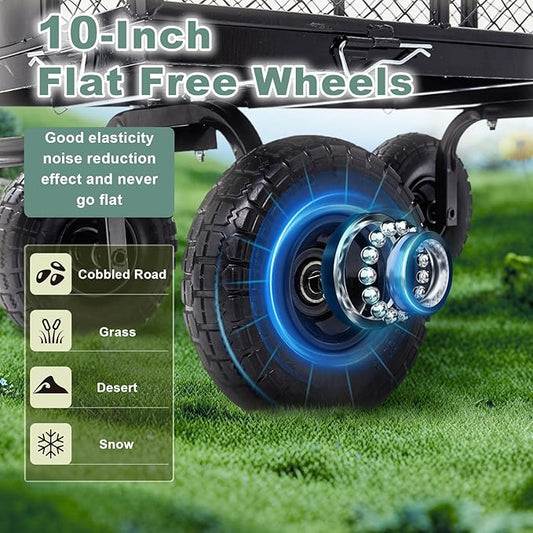 Garden Wagon Cart Heavy Duty 880 LBS Steel Utility Cart with All-Terrains 3.50-4" Solid Wheels 10" Tires, 180° Rotating Handle, Removable Sides, Laser-Welded Frame & Multi-Surface