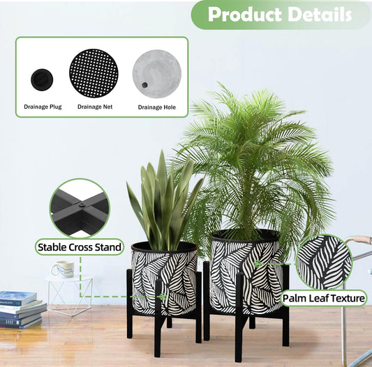 10 & 12 Inches Plant Pot with Stand Set of 2, Decorative Palm Leaves Printing Planter with Holder, Garden Pot for Snake Plant, Monstera, Houseplants - Indoor Outdoor Flower Pots with Drainage Holes