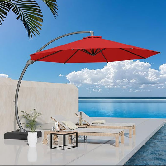 Kingdura 12ft Cantilever Patio Umbrella with Base Included, Large Round Offset Outdoor Pool Umbrella, 360° Rotation & Infinite Tilt, Heavy Duty Aluminum Frame for Deck Backyard, Red