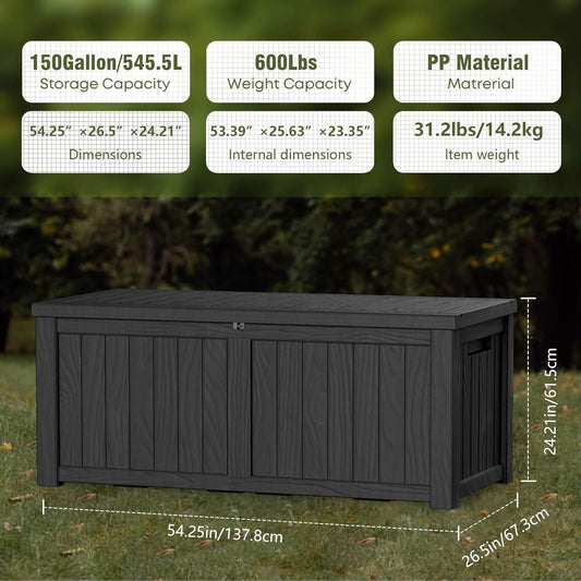 150 Gallon Lockable Resin Deck Box, Waterproof & UV-Resistant Outdoor Storage Box for Outdoor Cushion Storage, Garden Tools & Pool Accessories Storage, Black