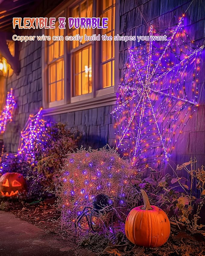 JMEXSUSS 2 Pack Solar Halloween Lights Outdoor Waterproof, Total 66FT 200 LED Orange and Purple Halloween Lights, 8 Mode Black Wire Solar Fairy String Light for Outside Yard Spooky Party Decorations