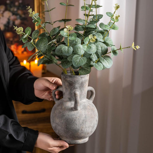 Rustic Grey Terracotta Ceramic Vase with Handles, Vintage Pottery Floral Vases, Cottage Core for Home Decor Table Centerpiece, Large Flower Vase for Bouquets Table Mantel Bedroon Bathroom 8.5 Inch