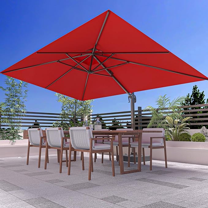 9' X 12' Cantilever Outdoor Patio Umbrellas with Base Included, Large Rectangle Umbrella Heavy Duty 360°Rotation Offset Umbrella for Garden Deck Pool Patio,Red