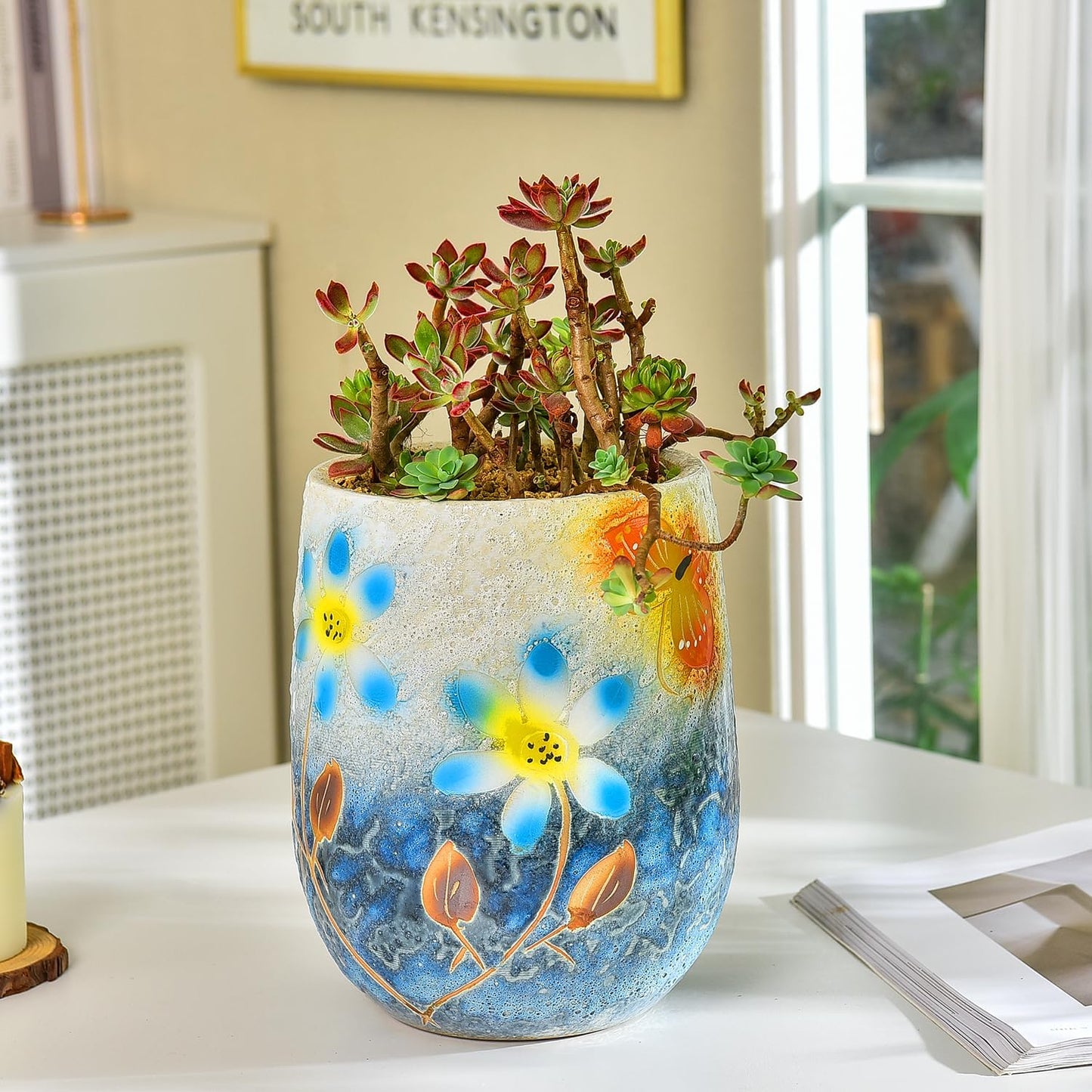 Sungmor 10.6 Inch Ceramic Succulent Plant Pot with Drainage Hole, Hand Painted Flower Pots for Plants, Unique Texture Decorative Planter for Indoor and Outdoor, Pottery Vase for Home Office Decor