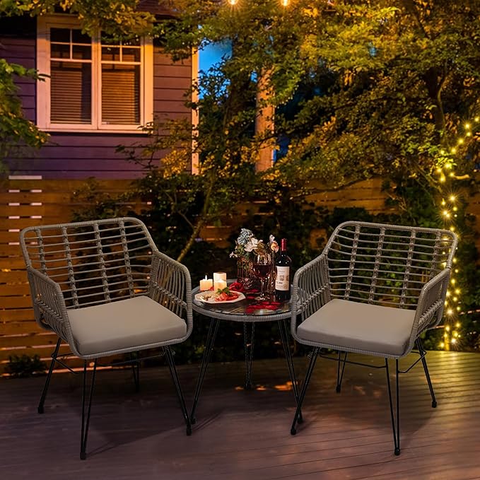 3 Piece Wicker Patio Bistro Furniture Set, Includes 2 Rattan Chairs and Glass Top Table, Ideal for Porch, Outdoor, Backyard, Apartment, Balcony, Grey