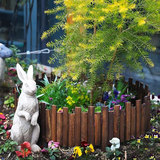 Worth Garden Wooden Staggered Short Fence - 8 in. H. x 3.7 ft. L. Burnt Wood Finish Outdoor Landscape Edging Flexible Decorative Border - Garden Yard Flower Bed Tree Fence - Stakes 4 in. Height