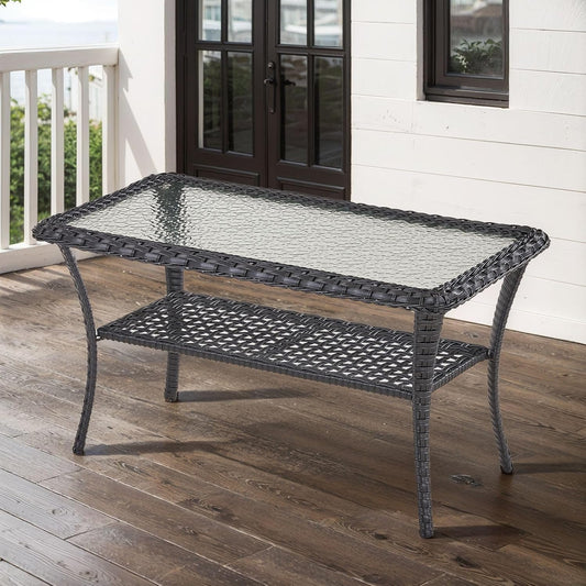 38 Inch Outdoor Coffee Table with 2 Tier Storage - Wicker Coffee Table with Water Ripple Texture Tempered Glass Top, All Weather Patio Coffee Table for Deck Porch Balcony Garden Black