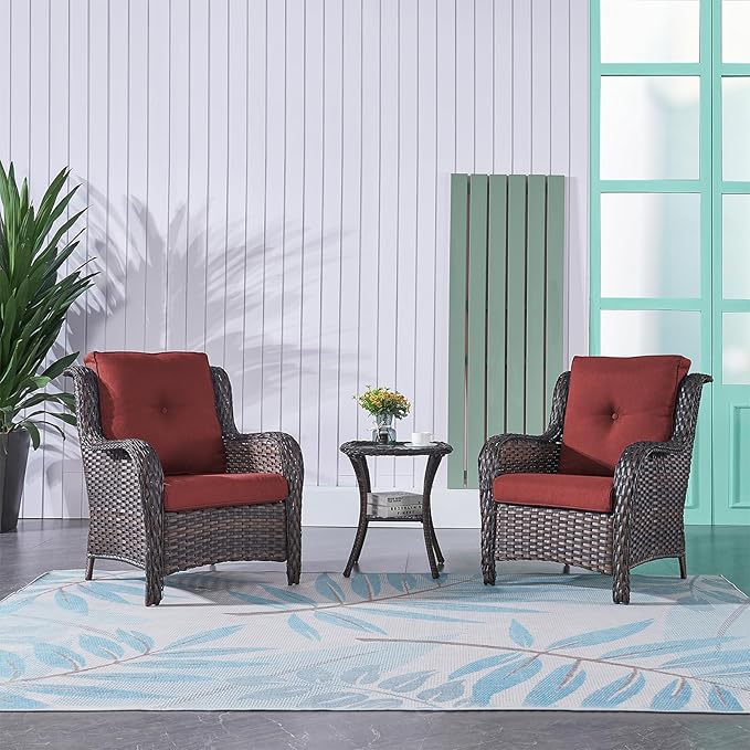 Rilyson Patio Furniture Chairs Outdoor Chair - 2 Piece Wicker Rattan Chairs Set with High Back and Deep Seating for Deck Porch Balcony Backyard Garden(Brown/Red)