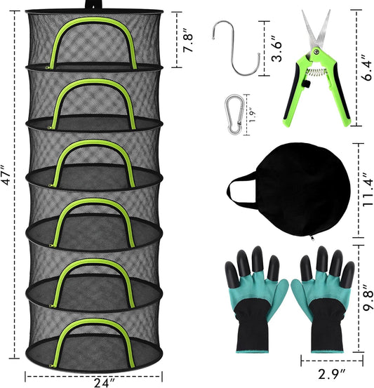 Herb Drying Rack Hanging Mesh 6 Layer 24" with Zipper, Gloves, Garden Pruning Shear, Hook & Carabiner Clip for Drying Herbs, Plants, Seeds, Buds | Outdoor, Hydroponics Herb Dryer Hanging Rack