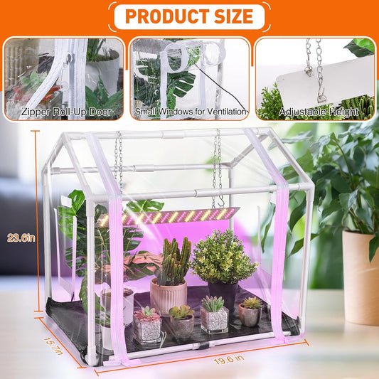 Meonum Mini Greenhouse with Grow Light for Indoor, Tabletop Small Greenhouse Kit with Bottom Mat for Waterproof, 15W Plant Dimmable LED Grow Lights and Timer, 3 Light Color Mode for Seed Starter Tray