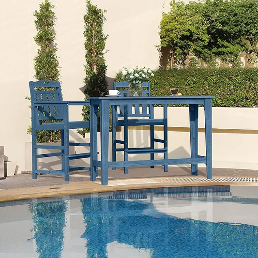 HDPE Outdoor Patio Bar Set with High Top Table and 2 Adirondack Chairs, All-Weather Bar Height Outside Rectangular Pub Furniture for Bistro, Garden, Backyard, Deck | 3-Pieces, Navy Blue