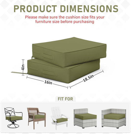 Patio Chair Cushions 18.5 X 16 X 4 Inch Waterproof Outdoor Seat Cushions for Patio Furniture, Outdoor Sofa Couch Pads with Ties & Handle, Set of 2, Light Green