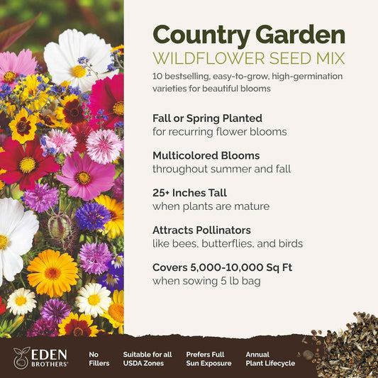 Eden Brothers Country Garden Flower Mixed Seeds for Planting, 5 lb, 2,400,000+ Seeds with Scarlet Flax, Cosmos Sensation | Attracts Pollinators, Plant in Spring or Fall, Zones 3, 4, 5, 6, 7, 8, 9, 10