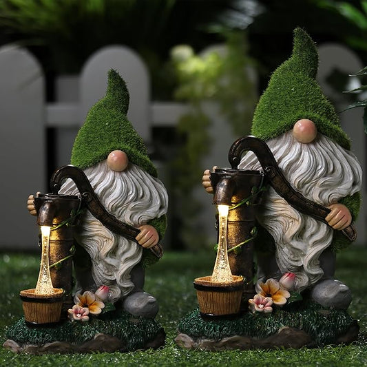 TERESA'S COLLECTIONS Resin Garden Gnomes Decor with Solar Lights, Fathers Gifts, Green Outdoor Decorations for Porch Patio, Gifts for Dad and Mom,Outdoor Garden Decor Ornaments for Outside, 10"