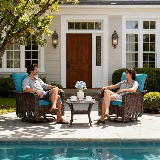 Gotland Outdoor Swivel Chairs Set of 2, 3 Pieces Patio Furniture Set with Thick Cushion, Wicker Rocking Patio Chairs Set of 2, Patio Bistro Set with Double-Layer Coffee Table for Balcony Porch Blue