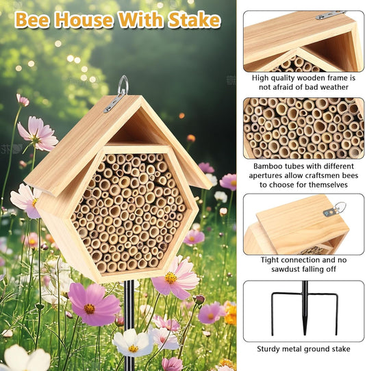 Mason Bee House for Garden, Natural Wooden Bee Habitat with Metal Ground Stake, Attracts Pollinators, Improve Garden Productivity, Outdoor Decoration