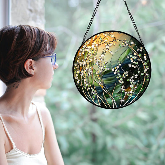 Stained Glass Suncatcher, Yellow Green Gradient Flower Sun Catcher Plants Stain Glass Window Hanging Decoration Mother's Day Birthday Gifts for Women Men Mom and Nana 6.3 in