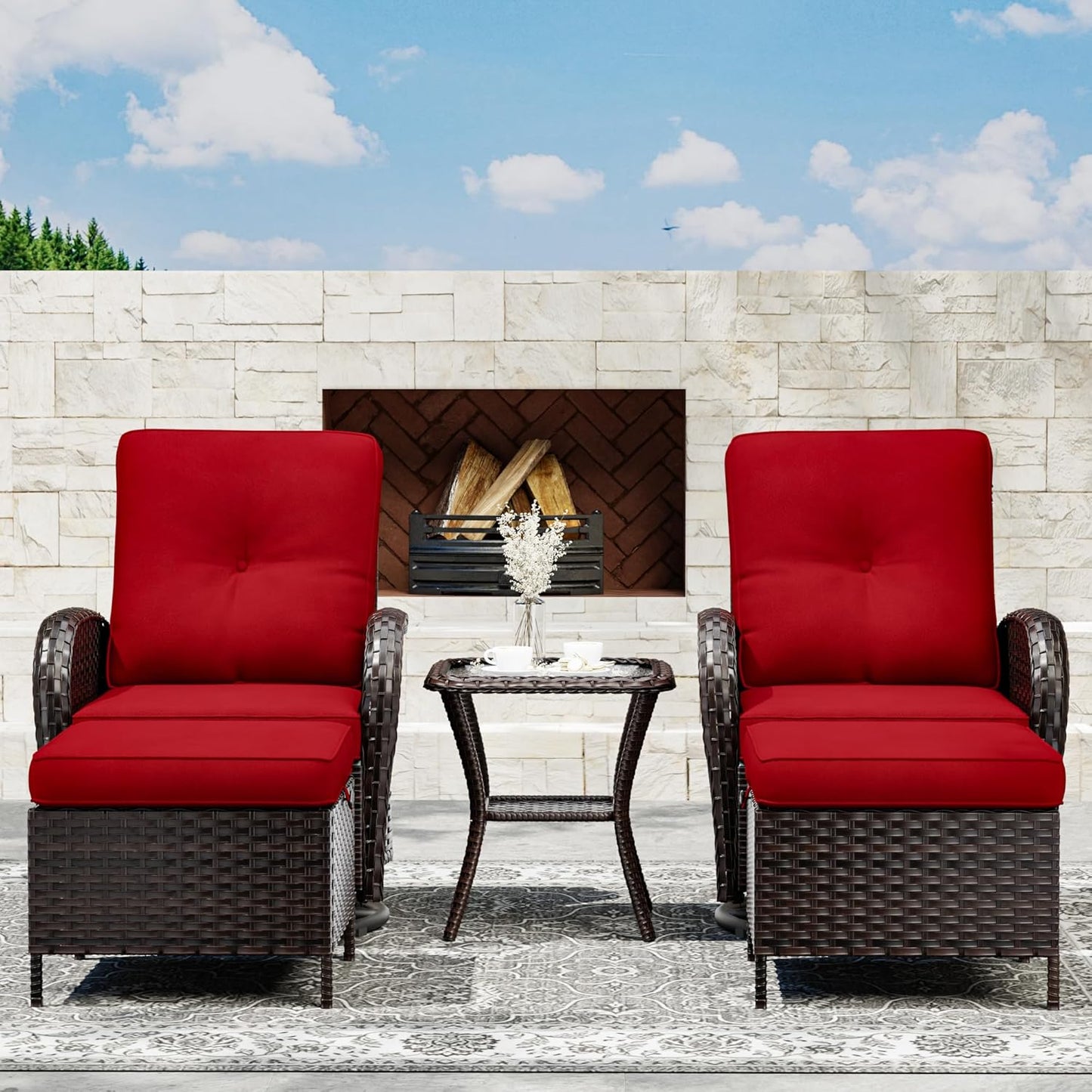 Joyside 5 Piece Patio Furniture Set, Outdoor Swivel Chair Sets with Thick Cushion and Ottoman, Wicker Patio Conversation Set for Porch, Deck Use (Brown/Red, 5 PCS)