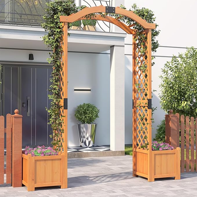 Giantex Garden Arbor with Planter Boxes, Wooden Arch with Trellis and Raised Garden Bed for Climbing Vine Plants Vegetables Herbs, Decorative Arbor Archway for Wedding, Ceremony, Party (Orange)