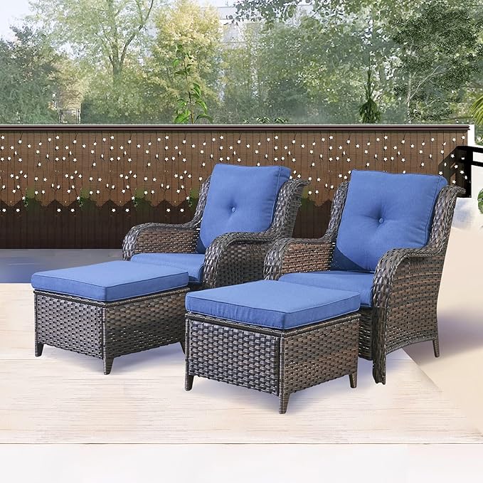 Rilyson Wicker Patio Furniture Set - 4 Piece Rattan Outdoor Sectional Conversation Sets with 2 Chairs and 2 Ottomans for Porch Deck Garden(Brown/Blue)