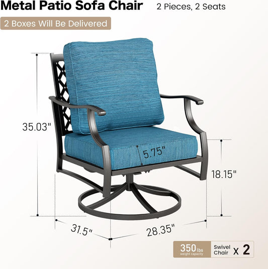 Metal Outdoor Swivel Patio Chairs Set of 2 with 5.75" Extra Thick Cushion, 2 Piece High Back Swivel Rocker Patio Chairs Outdoor Furniture Seating for Deck Balcony Front Porch, Blue-2