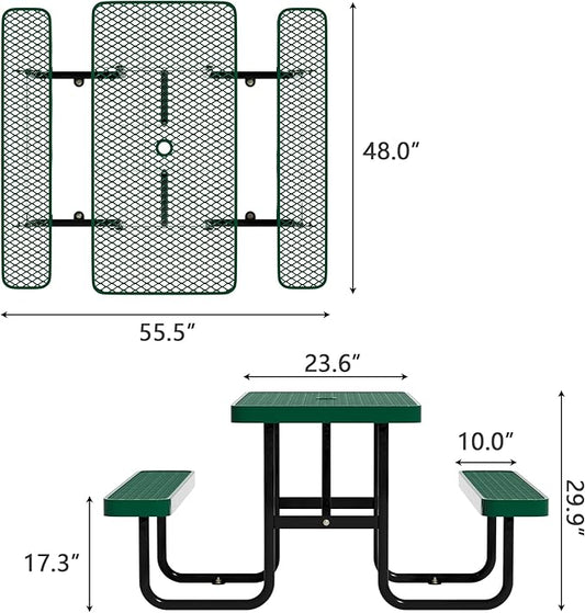 48'' Rectangular Steel Picnic Table for Outdoors,Commercial Metal Picnic Table Bench Set with Umbrella Hole,School Canteen Table W/Seats - Heavy Duty Sturdy Picnic Tables Furniture for Patio Garden