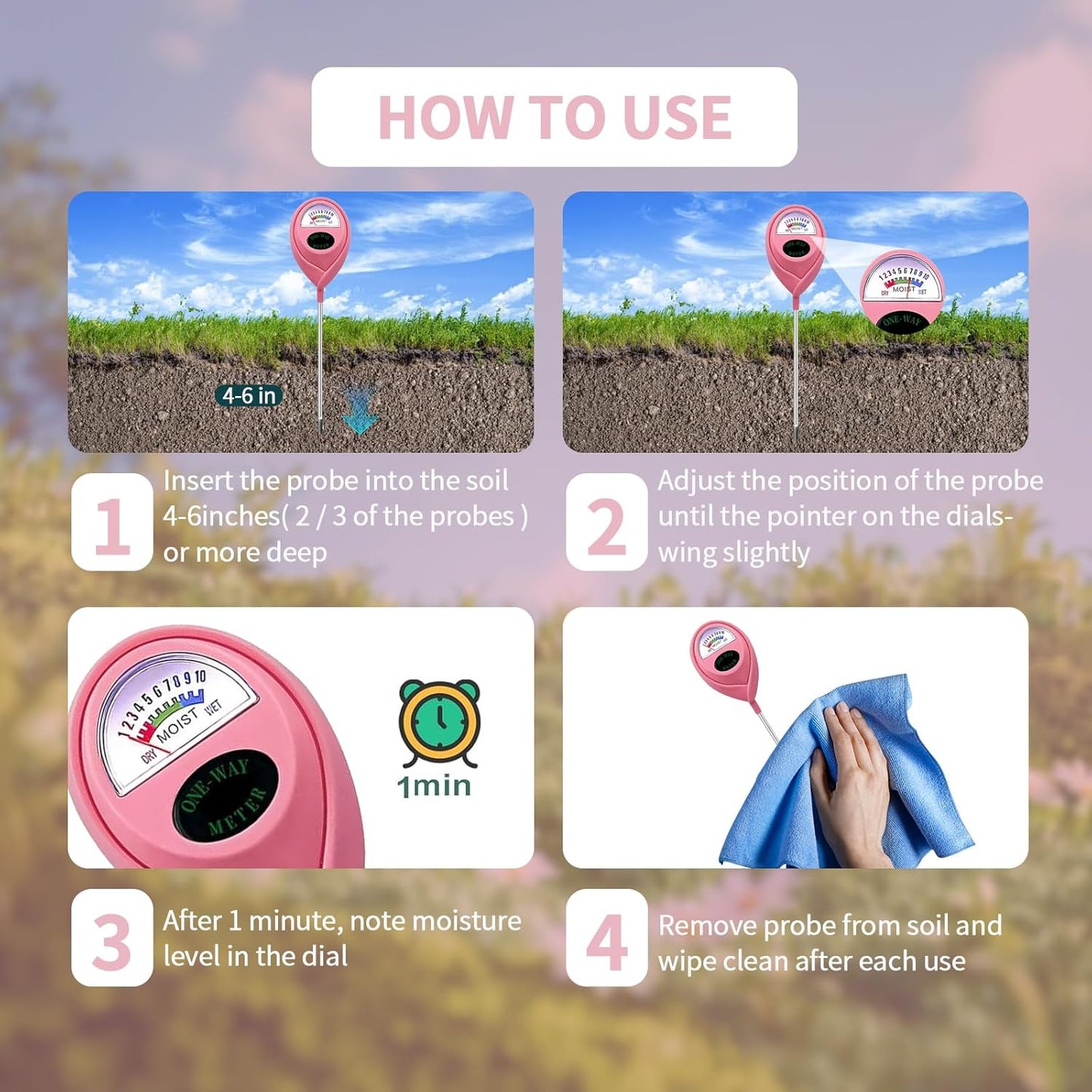 Soil Moisture Meter, Garden Plant Water Meter, Plants Moisture Meter, Lawn Soil Tester, Soil Water Gauge for Potted Plants, Plant Moisture Monitor No Battery Required Free Plant Watering Guide (1)