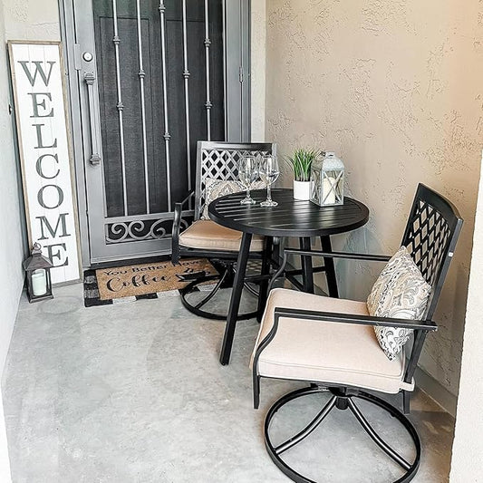 PHI VILLA 3 Piece Outdoor Bistro Dining Set for 2, Metal Steel Round Table & Swivel Wrought Iron Chairs, Small Furniture Conversation Set for Patio, Porch, Deck, Balcony
