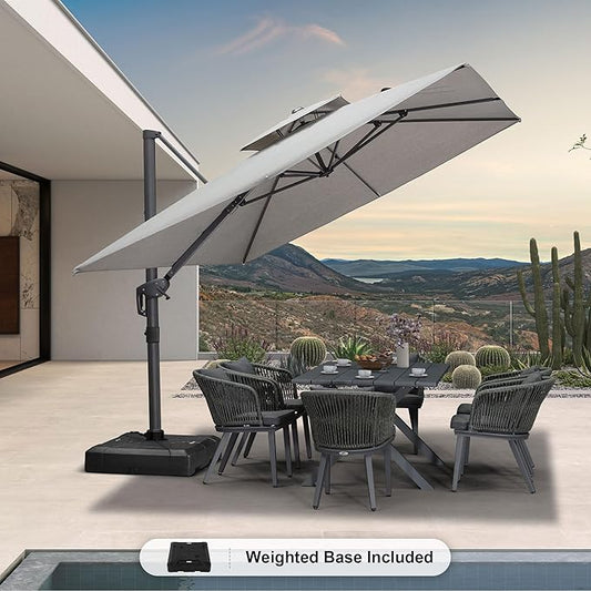 PURPLE LEAF 9' x 12' Cantilever Patio Umbrella Outdoor Umbrella with 280lbs Base Large Rectangular Windproof Offset Umbrella for Pool Deck Garden, Pebble Grey
