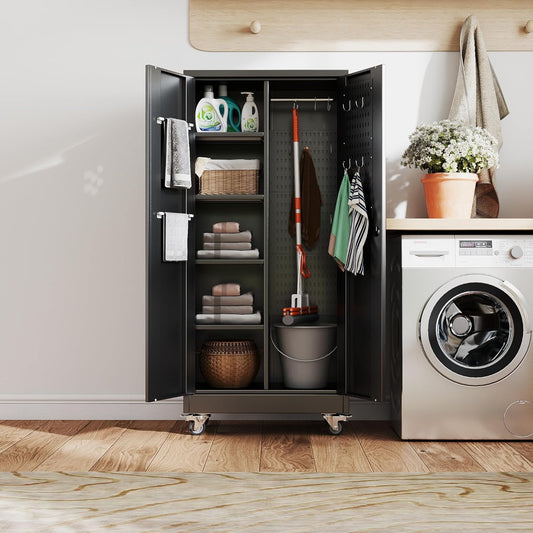 27.6 in Wide Garage Storage Cabinet with Wheels, Metal Storage Cabinet with Pegboards and 4 Adjustable Shelves, Garage Storage System with Lockable Door for Offices, Gyms and Pantries, Black