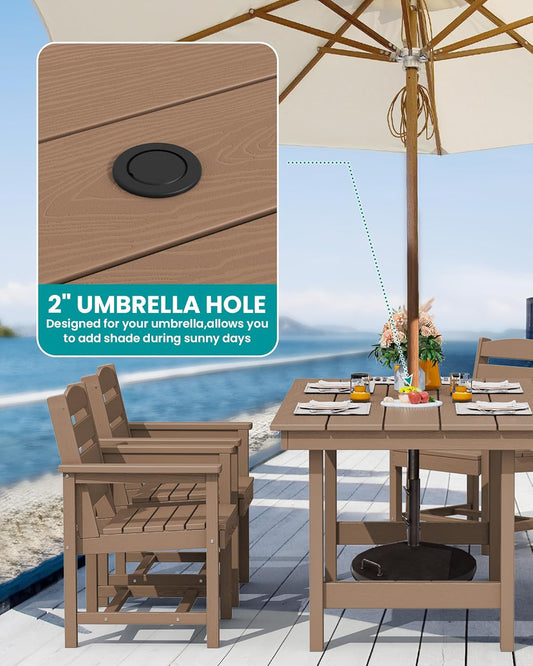 SERWALL 6-Person Outdoor Dining Table - 67" Rectangle HDPE Patio Table with Center Umbrella Hole, Weatherproof, Brown