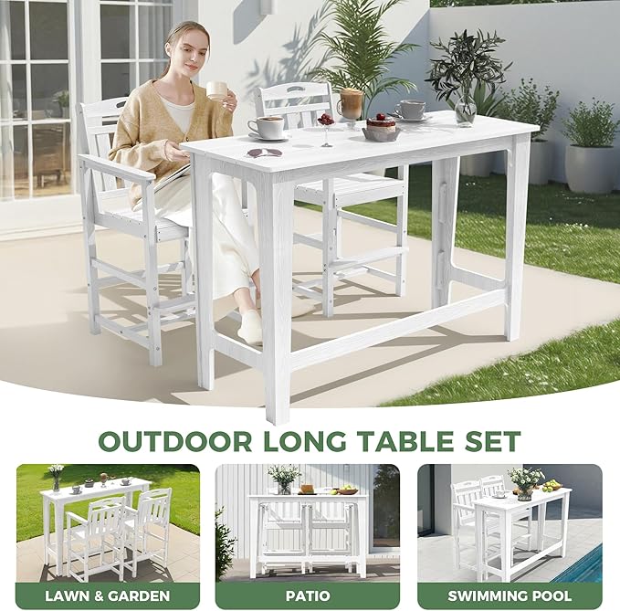 HDPE Outdoor Patio Bar Set with High Top Table and 2 Adirondack Chairs, All-Weather Bar Height Outside Rectangular Pub Furniture for Bistro, Garden, Backyard, Deck | 3-Pieces, White