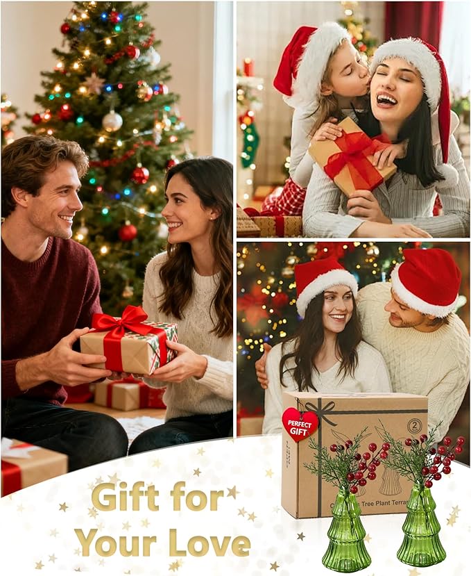 Nacome Christmas Tree Propagation Stations: 2PCS Plant Terrarium Glass Vases for Home Office Decor, for Plant Lovers Women Mom (Green)