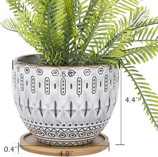 VanEnjoy 5.5 inch Large Round Bohemian Style Ceramic Planter, Geometry Engrave Off White Brown Succulent Planter Flower Pot, Indoor Outdoor Decorative Planter