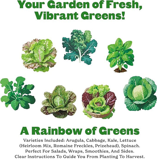 Epic Gardening Eat Your Greens Seed Kit - 7 Heirloom & Non-GMO Varieties, Includes Kale, Spinach, Arugula & Romaine Lettuce, Grow Fresh Greens for Salads, Smoothies, Healthy Meals, Ideal for Beginners