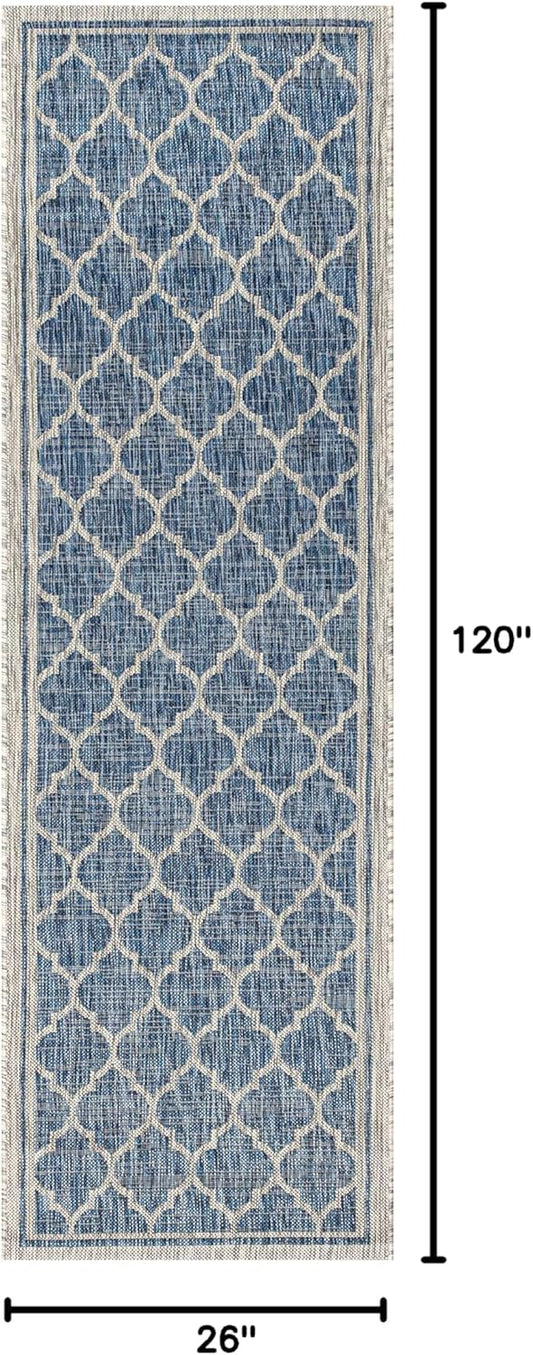 Eyely BMS109D-210 Santa Monica Trebol Moroccan Trellis Textured Weave Indoor/Outdoor Runner Rug Coastal;Bohemian, Bedroom, Backyard, Patio, Easy-Cleaning, Non-Shedding, 2 X 10, Navy/Gray