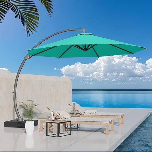 Kingdura 12ft Cantilever Patio Umbrella with Base Included, Large Round Offset Outdoor Pool Umbrella, 360° Rotation & Infinite Tilt, Heavy Duty Aluminum Frame for Deck Backyard, Turquoise blue