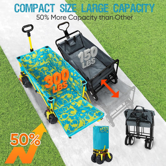 49" L Extra Long Beach Wagon with Tailgate,Big Wheels with Brake for Sand, Collapsible Utility Beach Cart Heavy Duty Folding Wagon,Ideal for Outdoor Sand Camping Garden Pet
