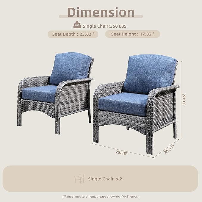 2 Pack Wicker Patio Furniture Chairs,Outdoor Rattan Chairs with Armrest Support 250 lb,Blue