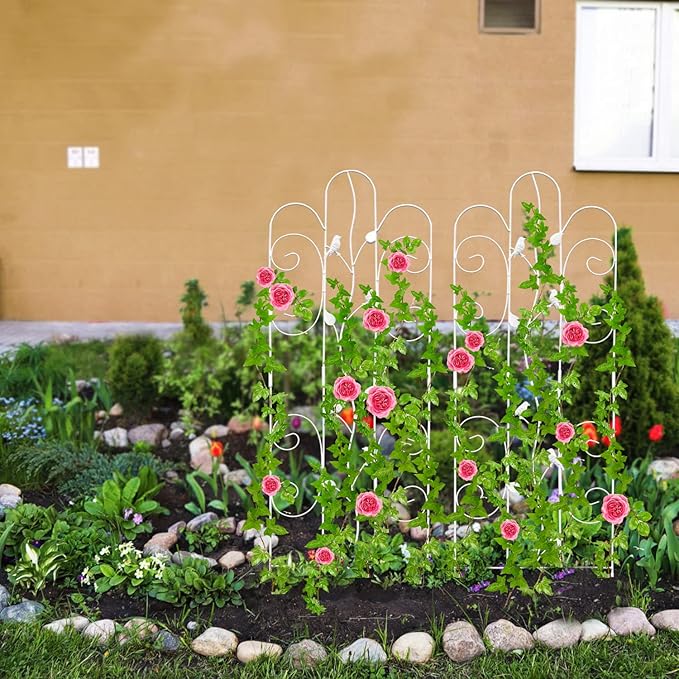 2 Pack Metal Garden Trellis for Climbing Plants Outdoor 61''x 18.5" Rose Flower Support Rustproof Sturdy Leaves Garden Trellis for Vegetables Trellis for Potted Plants - White