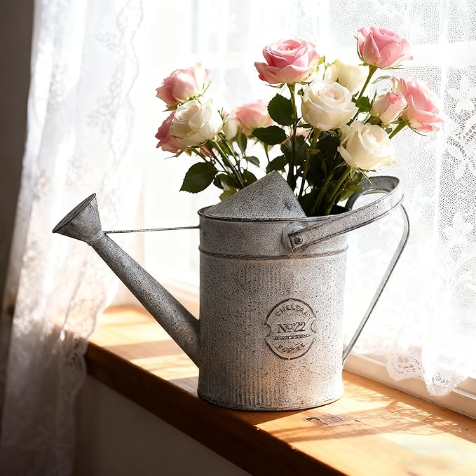 Vintage Galvanized Metal Watering Can - Rustic Farmhouse Design Watering Pot, Garden Decorative Planter for Home Patio Outdoor Wedding Party Decor