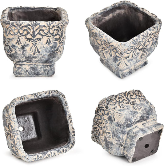 Sungmor 6.5 Inch Cement Plant Pot for Plants, Succulent Planter with Embossed Design, Vintage Concrete Flowerpots with Drainage Hole, Decorative Orchid Houseplant Pot Indoor Outdoor Plant Container