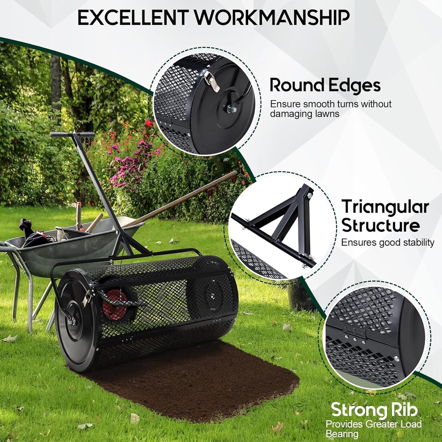 Compost and Peat Moss Spreader with Updated 2 in 1 ATV & T Shaped Handle, 16”WX48”L, Lawn and Garden Peat Moss Roller w/Laser Cutting Wire Mesh Baskets for Spreading Manure, Topsoil
