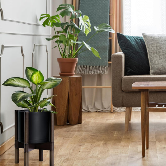D'vine Dev Planter Pot with Stand - 8 Inch Plastic Cylinder Flower Pot with Wood Planter Holder for Indoor, Matte Black Pot + Walnut Color Stand, 55-C-I-2