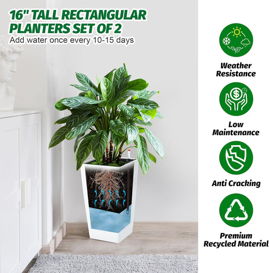 16" Tall Planters Set of 2, Outdoor&Indoor Black Planter Pots, High Front Porch Planter Pots with Drainage Holes&Water Level Monitor&Inner Bucket, Automatic Watering,White