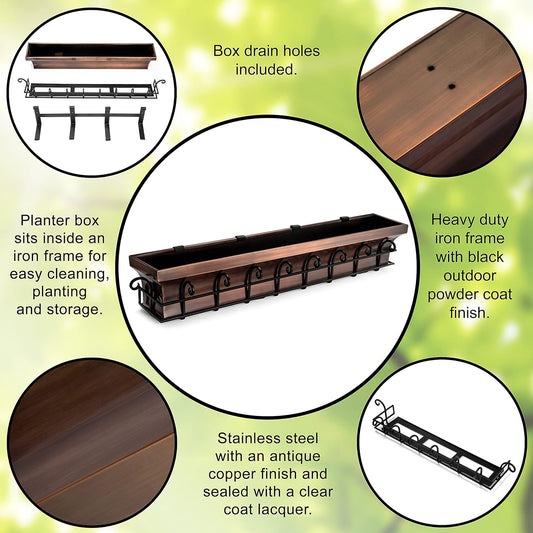 H Potter Window Planter Box Copper Outdoor Flower Plant Container for Windows Attach to House Deck Balcony Long Rectangular Shape 48 Inch Length GAR514B