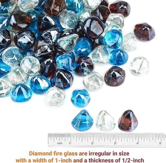 Skyflame 10-Pound Blended Fire Glass Diamonds for Fire Pit Fireplace Landscaping, 1/2 Inch Caribbean Blue, Crystal Ice, Amber Luster